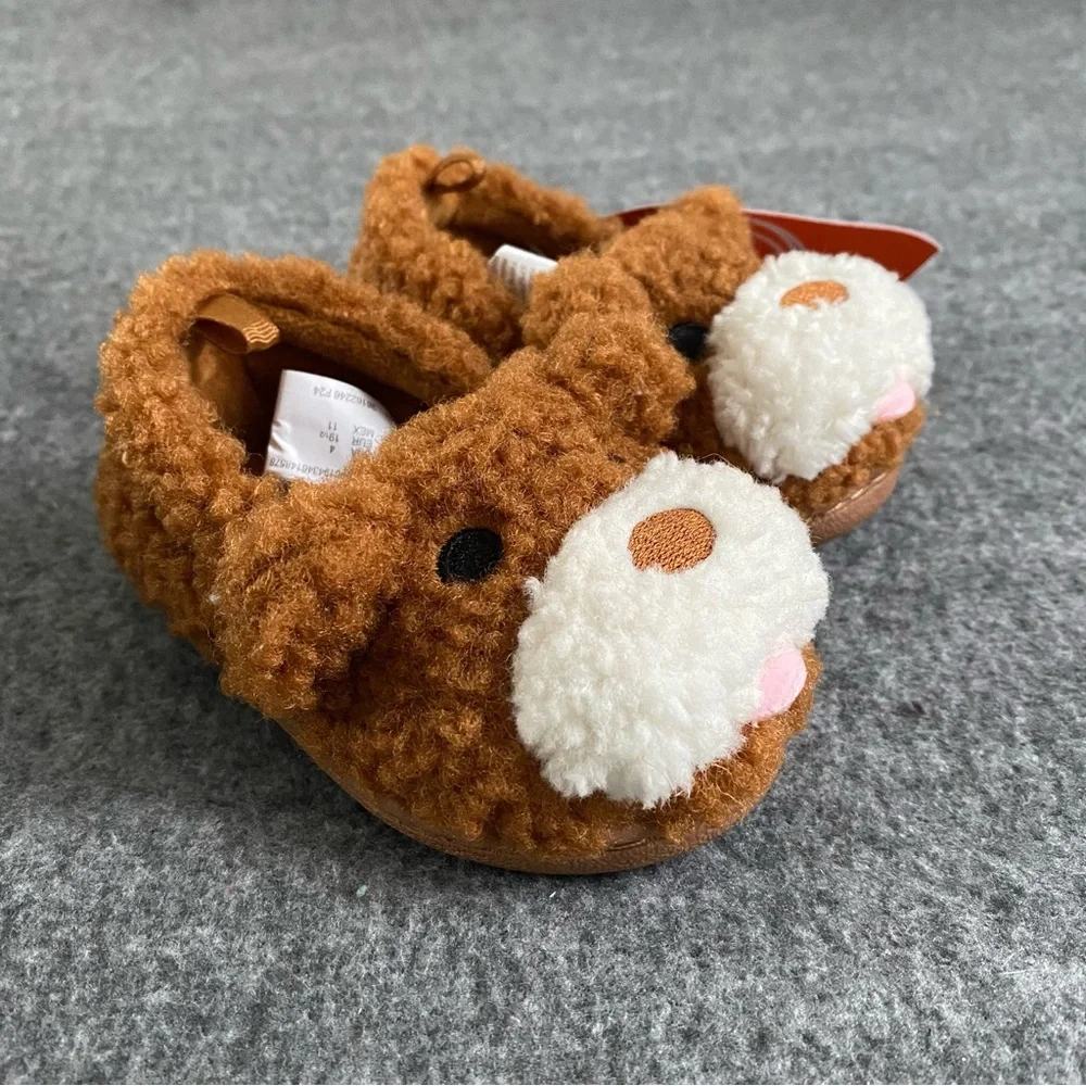 Wonder Nation Baby‎ Slippers Size 4 Brown Dog  Slip On Fuzzy Shoes New